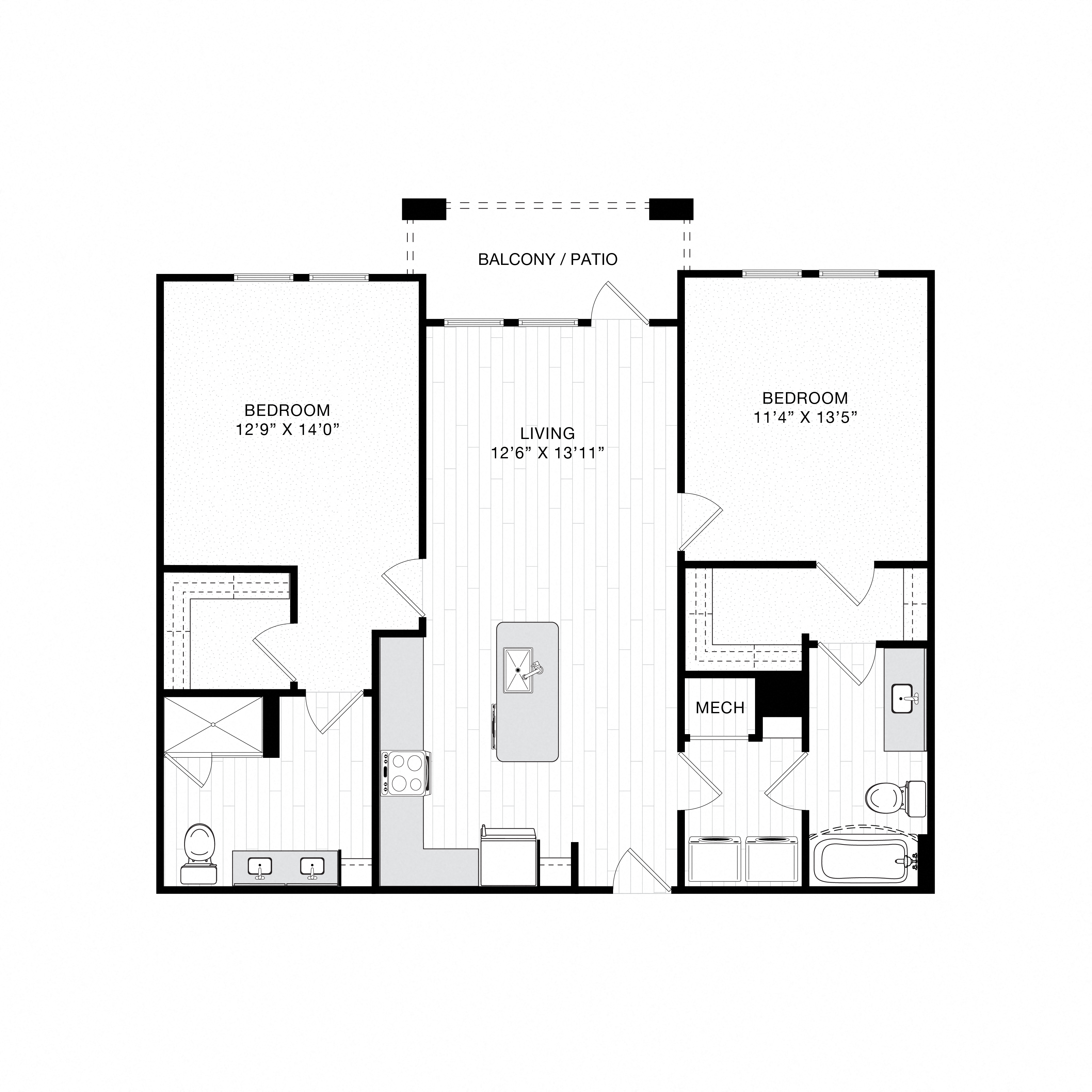 Floor plan for 2 beds, 2 baths, 1143 sqft